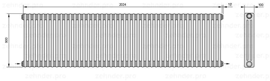 Схема (чертеж) Радиатор Zehnder Charleston 3090/44 №2670 Белый глянцевый RAL 9016